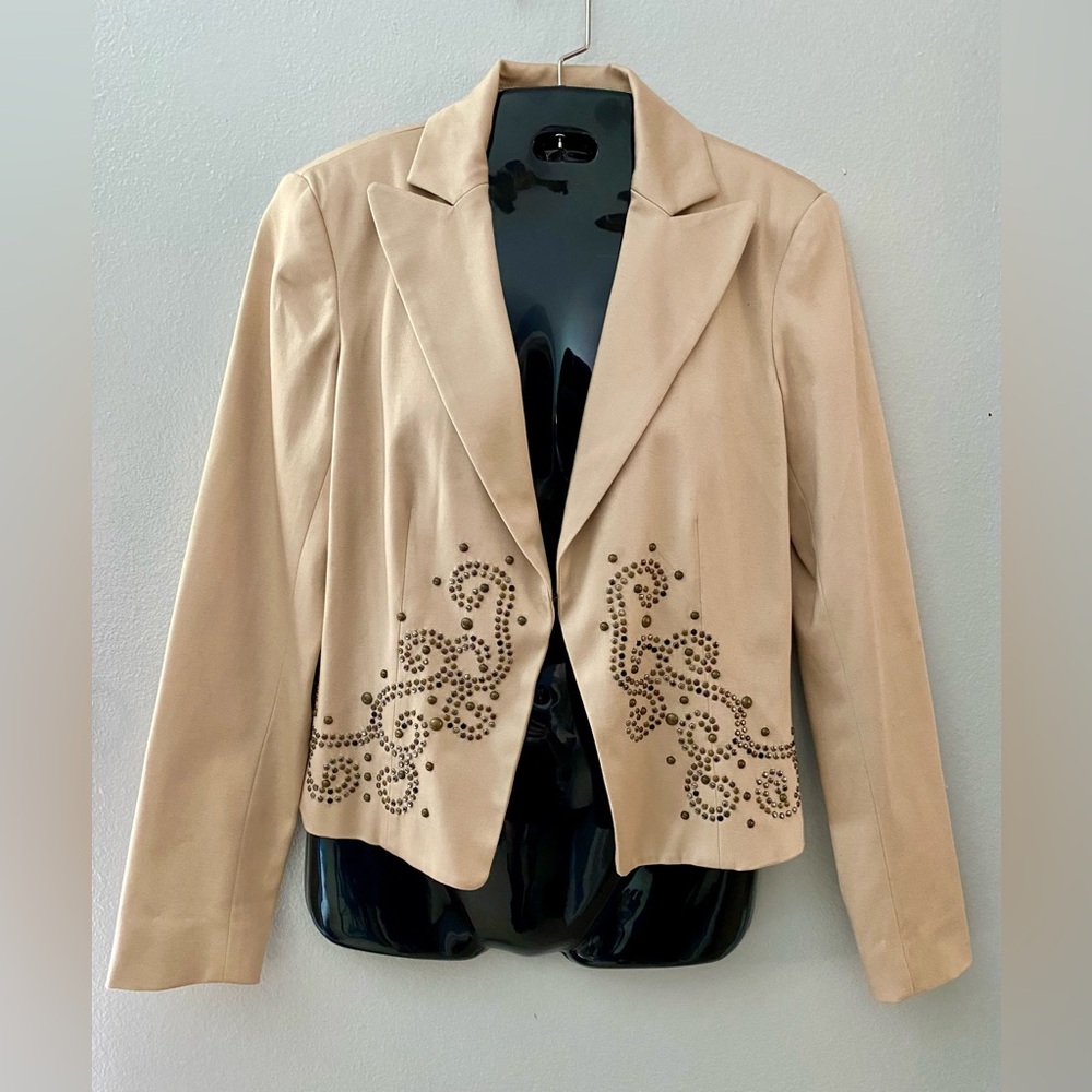 CACHE Beige Rhinestone Jacket Blazer Sz 4 Sm/Md